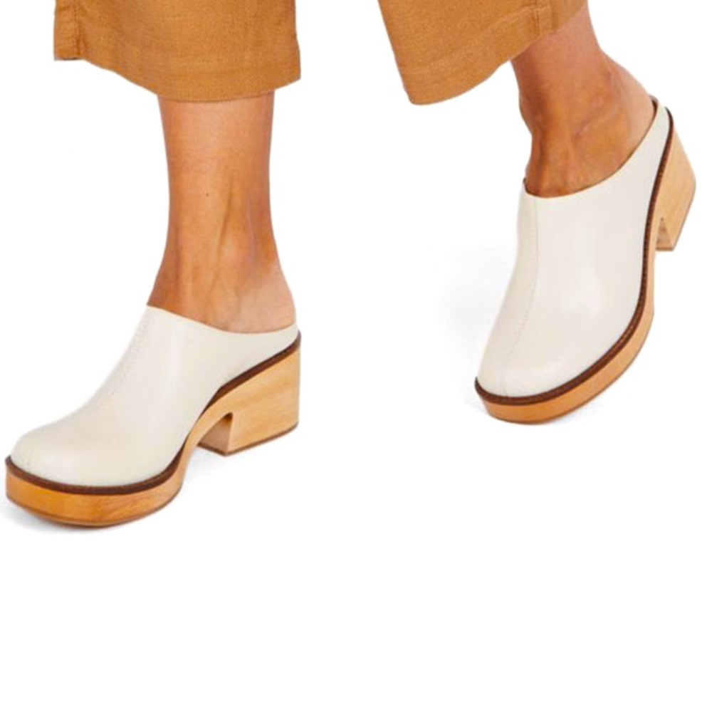 Intentionally Blank white leather clogs